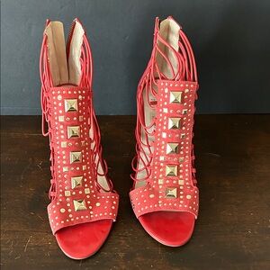 Bar III Annetta studded sandals in coral red faux suede with a stiletto heel